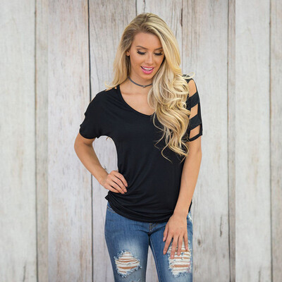 

Camisetas Mujer New European Style Brand New Summer Top V Neck T-Shirts Women Sleeved Hole Tshirt Women Casual Tee Shirt Femme
