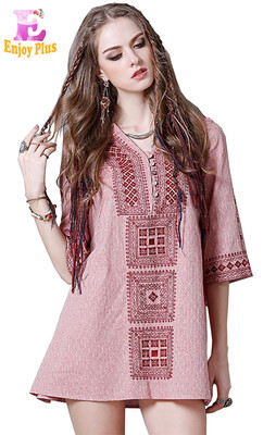 

M L High Quality chest 90-94cm vintage cotton linen summer 2017 pink long blouse women half sleeve V neck embroidery loose lady