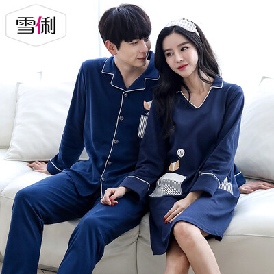 

Snowy spring cotton couple pajamas sexy V-neck women nightdress sports can wear mens long-sleeved cotton suit female models blue M