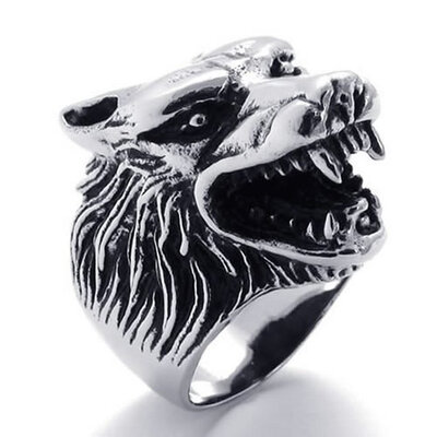 

Hpolw Vintage fashion individuality Biker Black Wolf Head Teeth silver Stainless Steel Mens Ring WeddingEngagement Rings