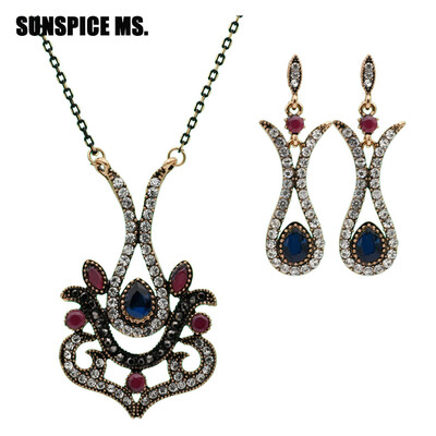 

Vintage Turkish Flower Heart Resin Jewelry Sets Women Antique Gold Color Crystal Long Hook Earrings Necklace India Bride Bijoux