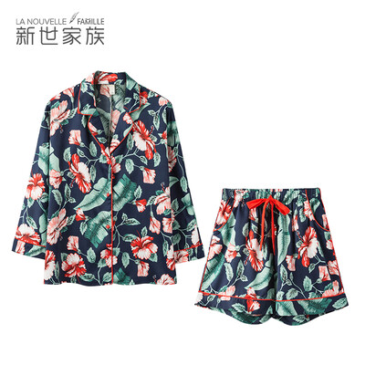 

New World Family Pajamas Women 2018 Summer New Long Sleeve Shorts Simulation Silk Pajamas Sweet Sexy Women Home Service 73812037 Dark Blue L