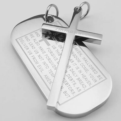 

Hpolw 2pcs Mens Stainless Steel Cross English Lord Prayer Dog Tag Pendant Necklace Set 18&22 inch Chain Silver