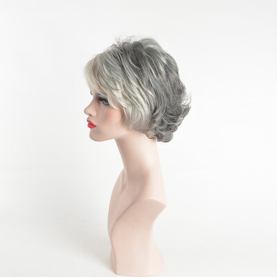 

QianBaiHui Gray Short Curly Wigs for White Women Bob Heat Resistant Synthetic Fashion Hair Wigs with Wig Cap