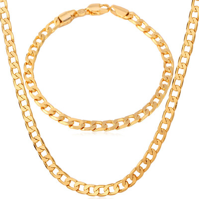 

Gold Necklace Set With "18K" Stamp 2015 New Trendy Gold Plated Cuban Link Chain Necklace Bracelet Party Men Jewelry Set