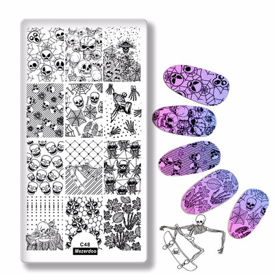 

Horror Skull Nail Art Stamp Plate Cobweb Sword Maple Leaf Design Nail Art Stamping Template Image Plate Stencil Manicure ToolC48