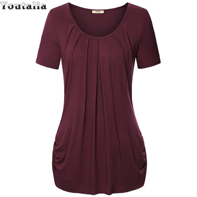 

Summer Style Tops Short Sleeve O-neck Knitted Women T-Shirts Elegant Pleated Floral Print Basic Tee Shirts  Plus Size Top