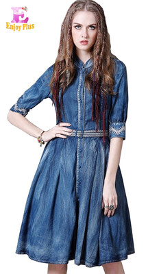 

S M L High Quality chest 86-94cm vintage cotton summer 20178 blue jeans dress women 12 sleeve denim midi embroidery belt A line
