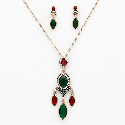 

Урожай смолы ювелирные изделия устанавливает турецкий античный золото цвет листьев падение воды серьги овальный подвеска ожерелье