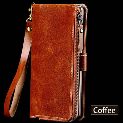 

Genuine Leather flip Case For iPhone 6 7 8 Plus X Zipper wallet bag Lanyard design Phone Cover