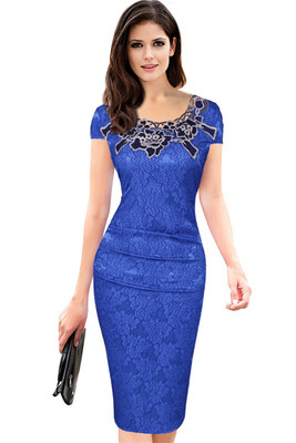 

2018 Casual Summer Blue Lace Retro Work Dress Vestidos Bodycon Evening Party Dress Office Pencil Dress Plus Size Women Clothing