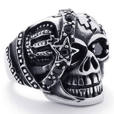 

Hpolw Gothic Skull Cubic Zirconia Stainless Steel Mens Biker Ring Silver Black