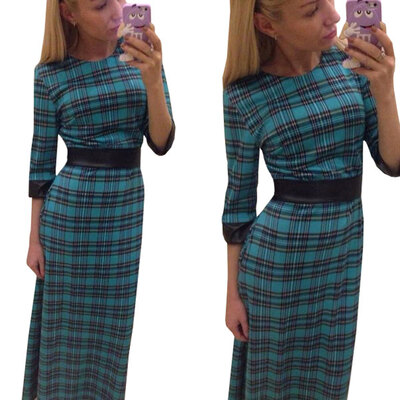 

Lovaru ™ high quality new prodect autumn winter dresses green plaid three quarter sleeve round neck warmth dresses