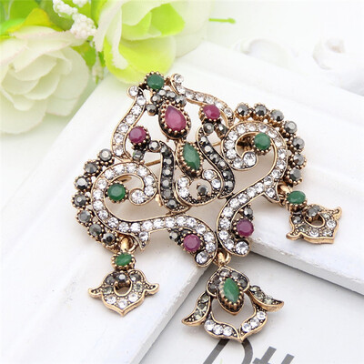 

Women Best Gift Antique Gold Color Colorful Crystal Brooch Turkish Drop Pendant Hollow Broches Brooches Ladies Lapel Hijab Pins