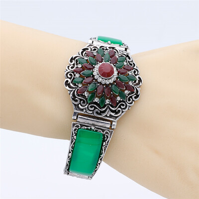 

Vintage Turkish Women Resin Flower Cuff Bracelets Antique Silver Color Charm Bangle Bohemia Ethnic Jewelry Banquet Festival Gift