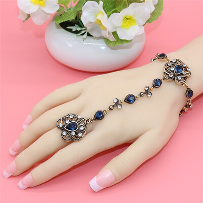 

New Turkish Bracelets&Rings Women Antique Gold Plating Bijoux Exquisite Crystal Hand Back Chain Indian Floral Jewelry Gift