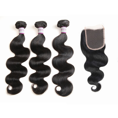 

Racily Hair Brazilian Hair Body Wave 3 Bundles with Lace Closure Natural Black Human Hair Extensions Weave Bundle