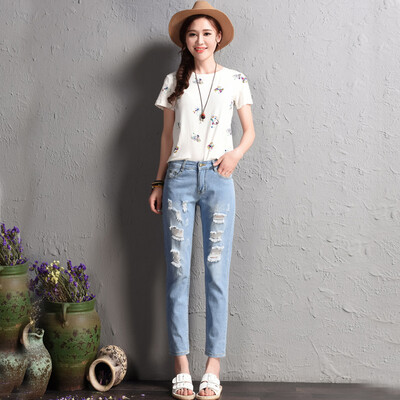 

2018 Summer Popular Boyfriend Jeans Women Elastic Waist Ninth Jeans Ripped hole pants