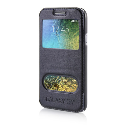 

MOONCASE View Window High grade Leather Side Flip Pouch Stand Shell Back Case Cover for Samsung Galaxy E7 Blue