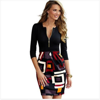

2016 Women Summer Style Vintage Black Sexy V neck Zipper Mini Cocktail Party Bodycon Work Pencil Casual Dresses Size