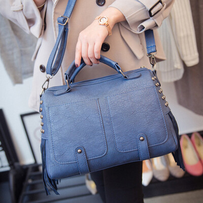 

2016 new fashion bucket Boston handbag for women leather rivet double pocket shoulder bag tote bags handbags brands cross-body bags