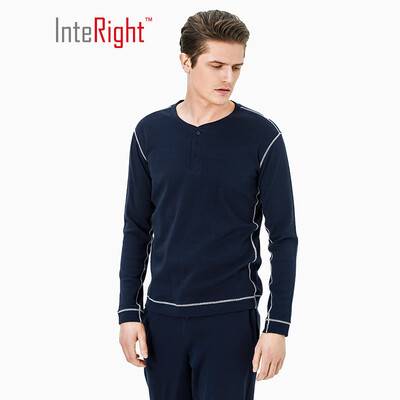 

INTERIGHT home service mens cotton Henry collar long-sleeved shirt pajamas home service navy blue XL