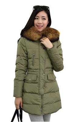 

Women Winter Fur Collar Duck Down Coat Hooded Jacket Slim Long Parka Outwear