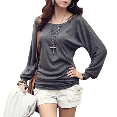 

CT&HF Women Fashion Leisure T-Shirt Temperament Sweet Loose Long-Sleeved T-Shirt Contracted Personality Pure Color Cotton Tops
