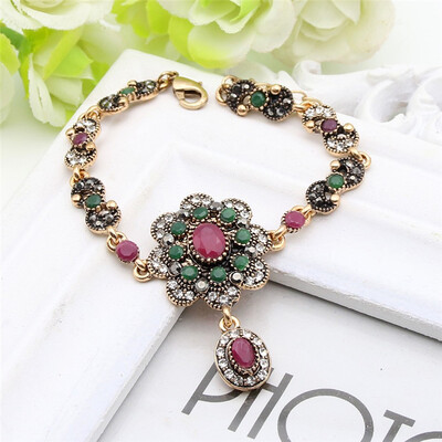 

Hot Vintage Flower Drop Pendant Bracelet Turkish Women Jewelry Resin Retro Gold Color Ethnic Bracelets Arabian Bijoux Gift