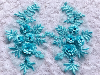 

Light blue sew on Stereo embroidery flowers patches Water soluble embroidery lace applique on mesh 2111cm