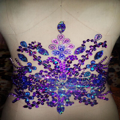 

hand made crystals trim patches blue sew on Rhinestones applique 3522cm for top dress skirt belt DIY accessory