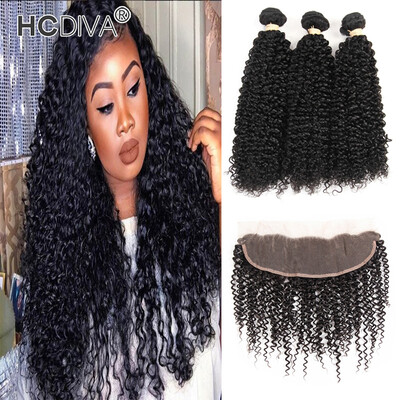 

HCDIVA Indian Virgin Hair Kinky Curly Lace Frontal Closure with 3 Bundle Human Hair Extensions Curly Weave Natural Black 8-28 inch
