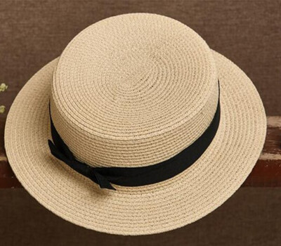 

wholesale sun flat straw hat boater hat girls bow summer Hats For Women Beach flat panama straw hat chapeau femme