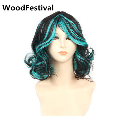 

WoodFestival mixed color 35cm women wavy hair heat resistant black green wig short cosplay synthetic wigs with bangs