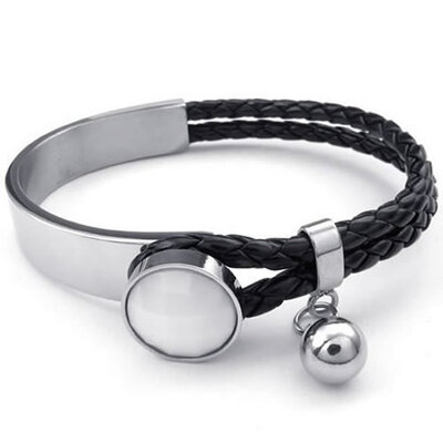 

Hpolw Womens silver&black Stainless-Steel Leather Metal silver beads Braided Cuff BangleBracelet