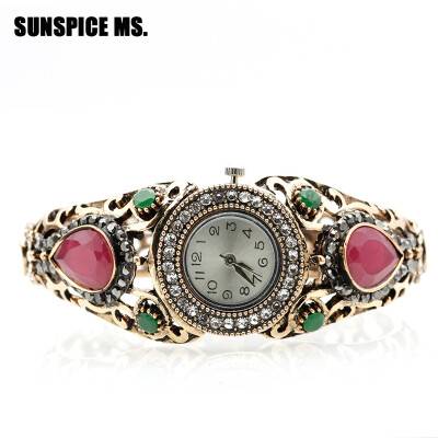 

SUNSPICE MS Vintage Indian Bangle Watch Resin Round Bracelet Jewelry Antique Gold Color Cuff Turkish Women Ethnic Festival Gift