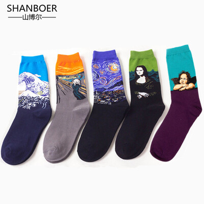 

Men Retro Oil Painting Pattern Long Cotton Socks For Man High Guality Fashion Harajuku Sock 5pairslot