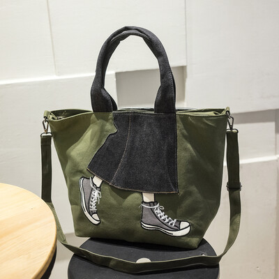 

Hot sale mother's day presents fashion canvas shoulder handbag bag contrast color cowboy skirt leisure travel large women's bags