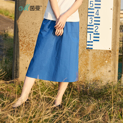 

INMAN 2018 summer new Japanese temperament Van big pocket small A-type elastic waist skirt female 1882110205 electric light blue S