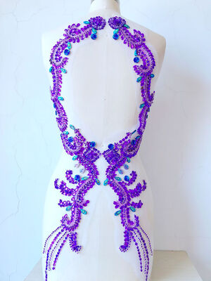 

ручной работы PURPLE шить на Rhinestones applique на сетчатых кристаллах заплаты отделка 69 * 17cmX2 для платья назад