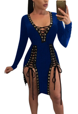 

Bigood Women Occident Deep V Split Lace-up Bodycon Dress Mini Skirt