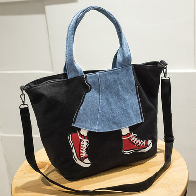 

Hot sale mothers day presents fashion canvas shoulder handbag bag contrast color cowboy skirt leisure travel large womens bags