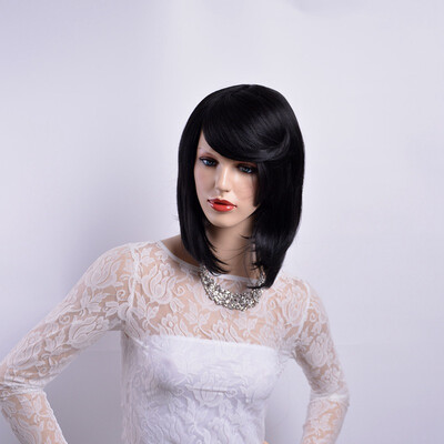 

QianBaiHui Short Straight Wigs with Bangs Black Bob Wigs Heat Resistant Synthetic Hair Wigs for African American Women Wig Cap