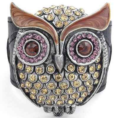 

Hpolw Womens Crystal Leather Bracelet OWL Cuff Bangle Brown Purple Black