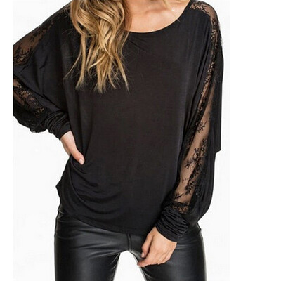 

Naixini Woman' Long-Sleeved T-Shirt Lace Stitching Bat Perspective