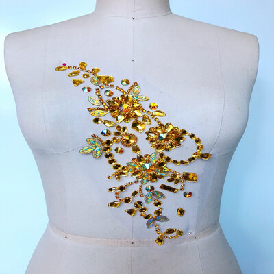 

золотые ручные бусины камни патчей шить кристаллы Rhinestones applique 30 * 13 см для платья