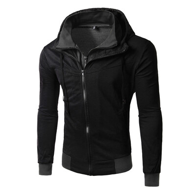 

2015 Mens Fashion Casual Slim Fit Hooded Sweatshirt Double Zipper Cardigan Hit Color Thin Coat