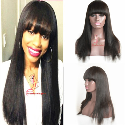 

virgin Human hair wig with bangs long light yaki straight bang human hair wig natural color full wig for black girls