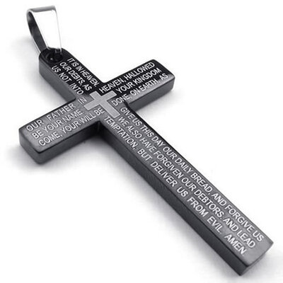 

Hpolw Stainless Steel Mens Lords Prayer Cross Pendant Necklace, Black, 18-26 inch Chain