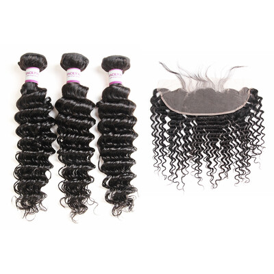 

Racily Hair Deep Wave Brazilian Hair 3 Bundles with Lace Frontal Closure Natural Black Human Hair with Frontal